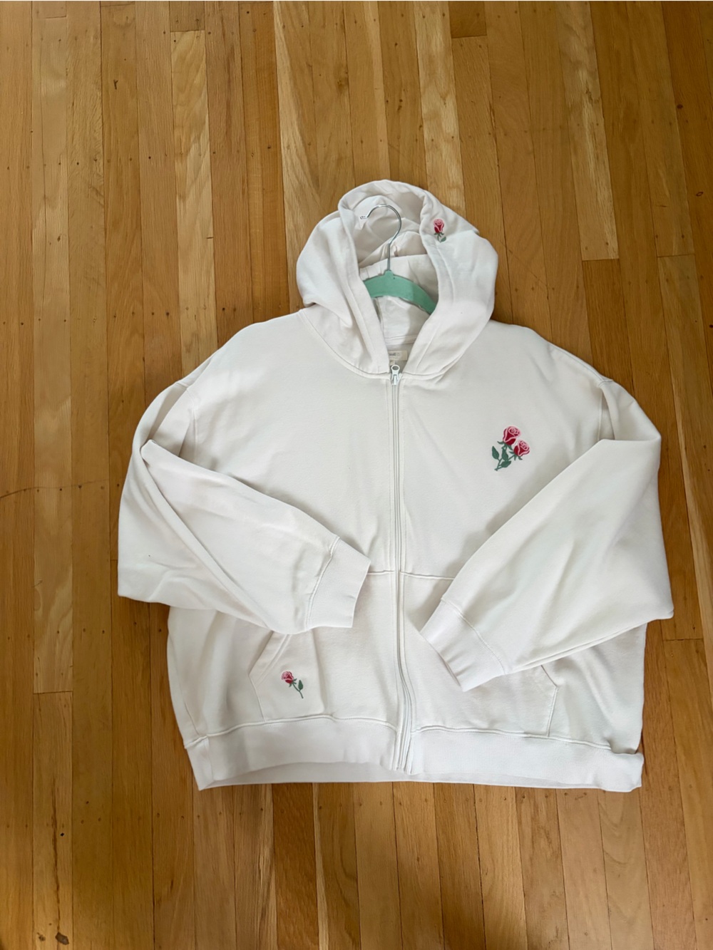 White Zip up Sweatshirt with Pink Rose Embroidery
